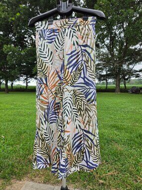 Tahari 100% Linen White Palazzo Pants with Tropical Print Size Small